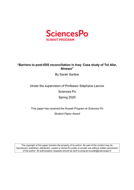 “Barriers to Post-ISIS Reconciliation in Iraq: Case Study of Tel Afar, Ninewa” by Sarah Sanbar Under the Supervision of Prof