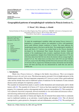 Geographical Patterns of Morphological Variation in Pistacia Lentiscus L