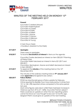 MINUTES of the MEETING HELD on MONDAY 13Th FEBRUARY 2017