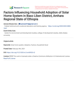 Factors in Uencing Household Adoption of Solar Home System In