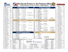 New England Patriots Vs. San Francisco 49Ers Sunday, December 16, 2012 • 8:20 P.M