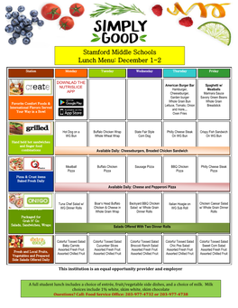 Stamford Middle Schools Lunch Menu: December 1-2