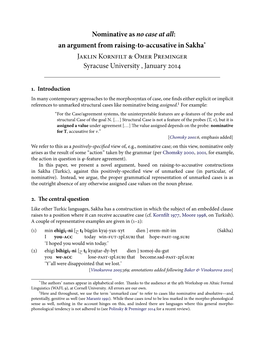 Nominative As No Case at All: an Argument from Raising-To-Accusative in Sakha* JZ K§± B OU§ P§UU§ Syracuse University , January Óþõ¦