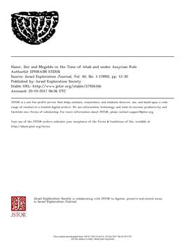 Hazor, Dor and Megiddo in the Time of Ahab and Under Assyrian Rule Author(S): EPHRAIM STERN Source: Israel Exploration Journal, Vol