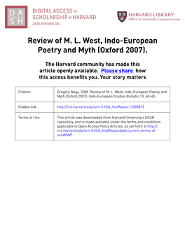 Review of ML West, Indo-European Poetry and Myth