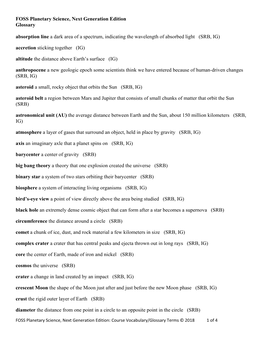 FOSS Planetary Science, Next Generation Edition Glossary