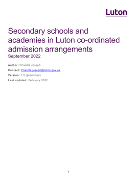 Secondary Schools and Academies in Luton Co-Ordinated Admission Arrangements September 2022