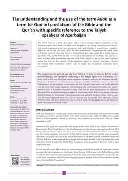 The Understanding and the Use of the Term Allah As a Term for God in Translations of the Bible and the Qur'an with Specific R