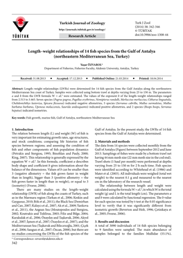 Length–Weight Relationships of 14 Fish Species from the Gulf of Antalya (Northeastern Mediterranean Sea, Turkey)