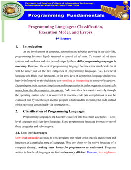 Programming Languages: Classification, Execution Model, and Errors