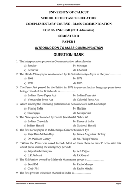 Introduction to Mass Communication Question Bank