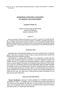 Poinar, G . O ., Jr . 1985 . Mermithid (Nematoda) Parasites of Spiders