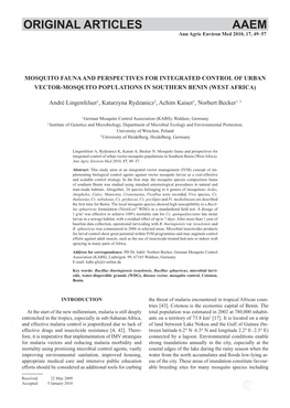 Mosquito Fauna and Perspectives for Intergrated Control of Urban Vector