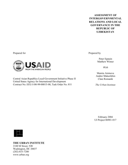 Assessment of Intergovernmental Relations and Local Governance in the Republic of Uzbekistan