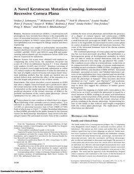 A Novel Keratocan Mutation Causing Autosomal Recessive Cornea Plana