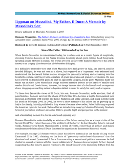 Lippman on Mussolini, 'My Father, Il Duce: a Memoir by Mussolini's Son'