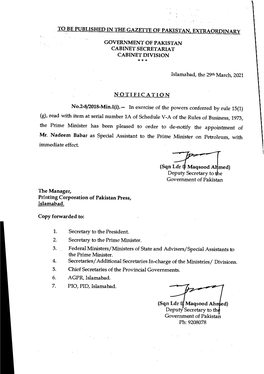 Government of Pakistan Cabinet Secretariat Cabinet Division * * *