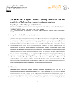 A Hybrid Machine Learning Framework for the Prediction of Daily Surface Water Nutrient Concentrations Benya Wang1,2, Matthew R