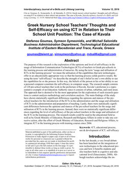 Greek Nursery School Teachers' Thoughts and Self-Efficacy on Using