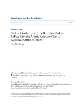 How Parks V. Laface Uses the Artistic Relevance Test to Adjudicate Artistic Content Mitchell David Greggs