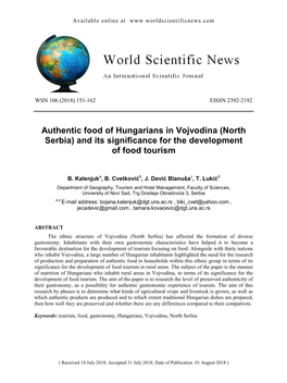 Authentic Food of Hungarians in Vojvodina (North Serbia) and Its Significance for the Development of Food Tourism