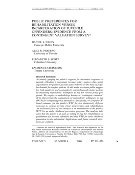 Public Preferences for Rehabilitation Versus Incarceration of Juvenile Offenders: Evidence from a Contingent Valuation Survey*