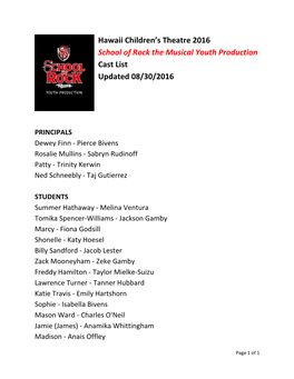 School of Rock the Musical Youth Production Cast List Updated 08/30/2016