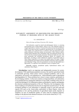 Suitability Assessment of Groundwater for Irrigation Purpose at High-Risk Sites of the Ararat Plain