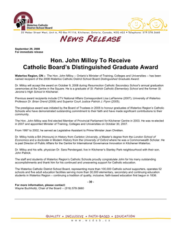 Hon. John Milloy to Receive Catholic Board's Distinguished Graduate Award