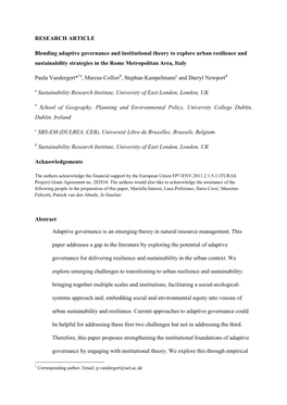 RESEARCH ARTICLE Blending Adaptive Governance and Institutional Theory to Explore Urban Resilience and Sustainability Strategies