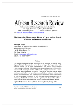 The Succession Dispute to the Throne of Lagos and the British Conquest and Occupation of Lagos