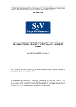 Prospectus Capital Increase with Preemptive Rights for Total Cash Proceeds of Euros 401,331,802.50 by the Issuance of 89,184,845