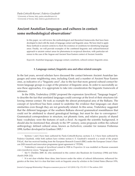 Ancient Anatolian Languages and Cultures in Contact: Some Methodological Observations1