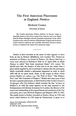 The First American Placename in England: &lt;I&gt;Pimlico&lt;/I&gt;