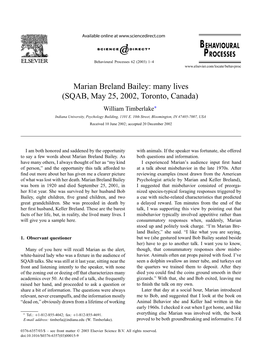 Marian Breland Bailey: Many Lives (SQAB, May 25, 2002, Toronto, Canada) William Timberlake∗ Indiana University, Psychology Building, 1101 E