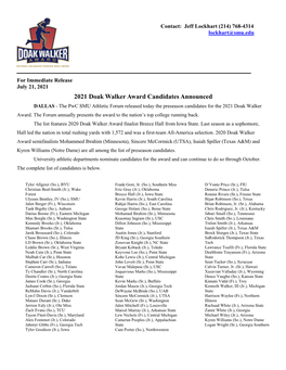 2021 Doak Walker Award Candidates Announced DALLAS - the Pwc SMU Athletic Forum Released Today the Preseason Candidates for the 2021 Doak Walker Award