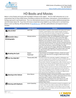 HD Books and Movies Below Is a List of Books and Movies with Huntington’S Disease As the Subject