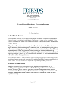 Friends Hospital Psychology Externship Program