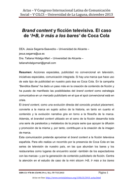 Brand Content Y Ficción Televisiva. El Caso De 'I+B, Ir Más a Los Bares' De