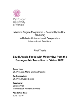 Saudi Arabia Faced with Modernity: from the Demographic Transition to 'Vision 2030'