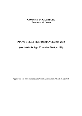 COMUNE DI GALBIATE Provincia Di Lecco PIANO DELLA PERFORMANCE 2018-2020