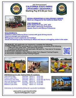 CALIFORNIA STATE PARKS LIFEGUARD I (SEASONAL) Starting Pay $15.92 Per Hour