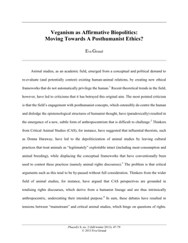 Veganism As Affirmative Biopolitics: Moving Towards a Posthumanist Ethics?