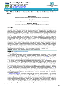 Journal of Agriculture and Crops Value Chain Analysis of Sesame the Case of Bench Maji Zone, Southwest Ethiopia Abstract 1. Intr