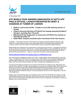 Atp World Tour Awards Announced at Nitto Atp Finals Official Launch Presented by Moët & Chandon at Tower of London
