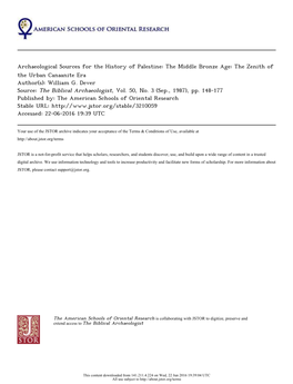 Archaeological Sources for the History of Palestine: the Middle Bronze Age: the Zenith of the Urban Canaanite Era Author(S): William G