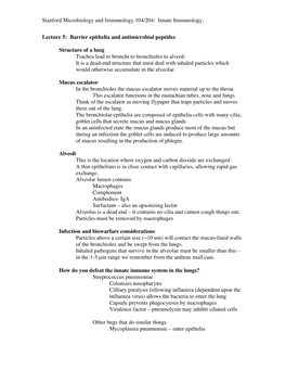 Innate Immunology, Lecture 5: Barrier Epithelia and Antimicrobial Peptides