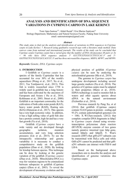 Analysis and Identification of Dna Sequence Variations in Cyprinus Carpio in Lake Kerinci