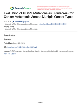 Evaluation of PTPRT Mutations As Biomarkers for Cancer Metastasis