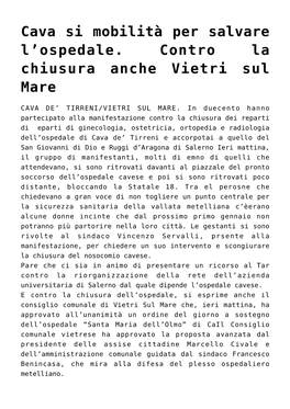 Cava Si Mobilità Per Salvare L'ospedale. Contro La Chiusura